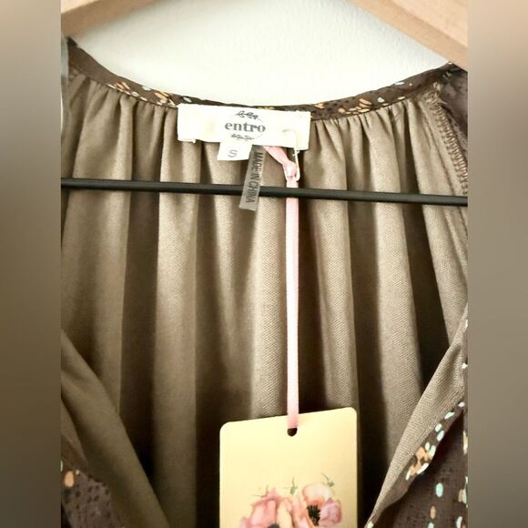 NWT Entro Long Sleeve Ruffle Mini Dress in Brown Multi Abstract Print - Size S - Picture 4 of 7